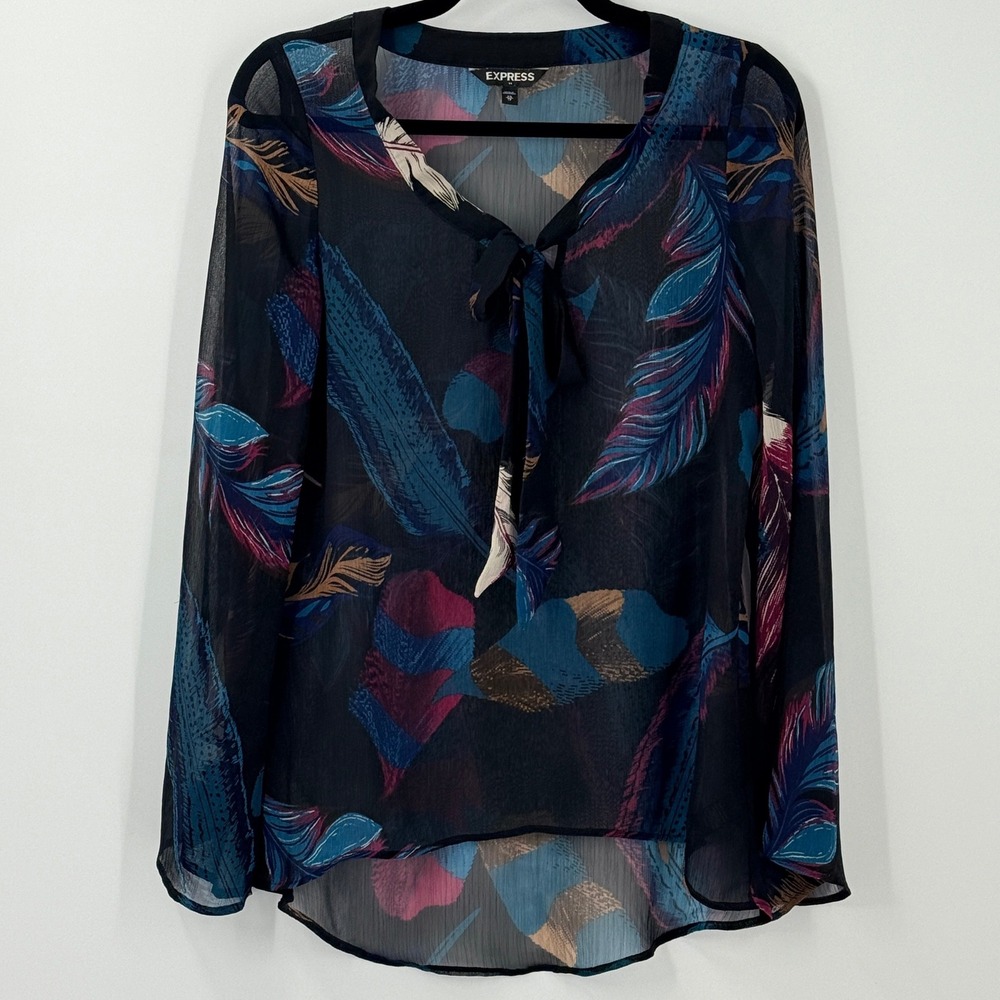 Y2k 2010s Express Feather Tie-Neck top Womens sz XS Sheer Dark Fairy maximalist